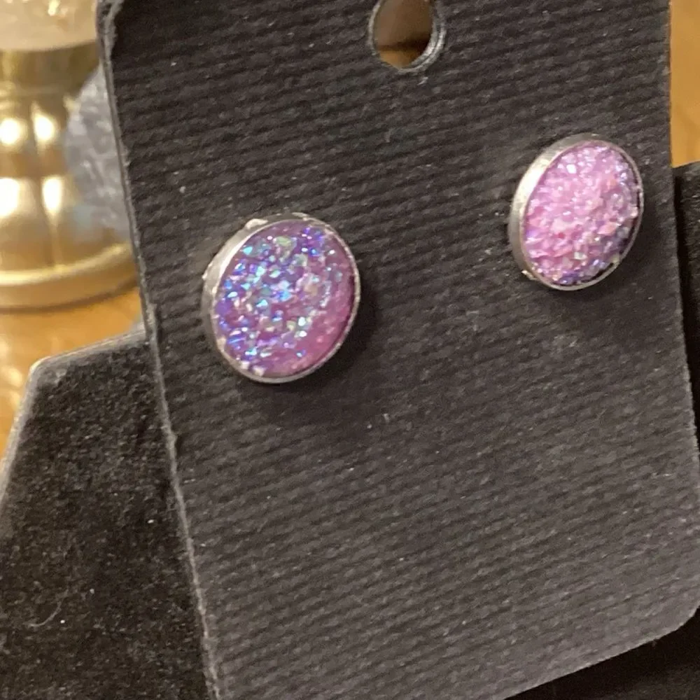 Purple Sparkly Silvertone Bezel Earrings